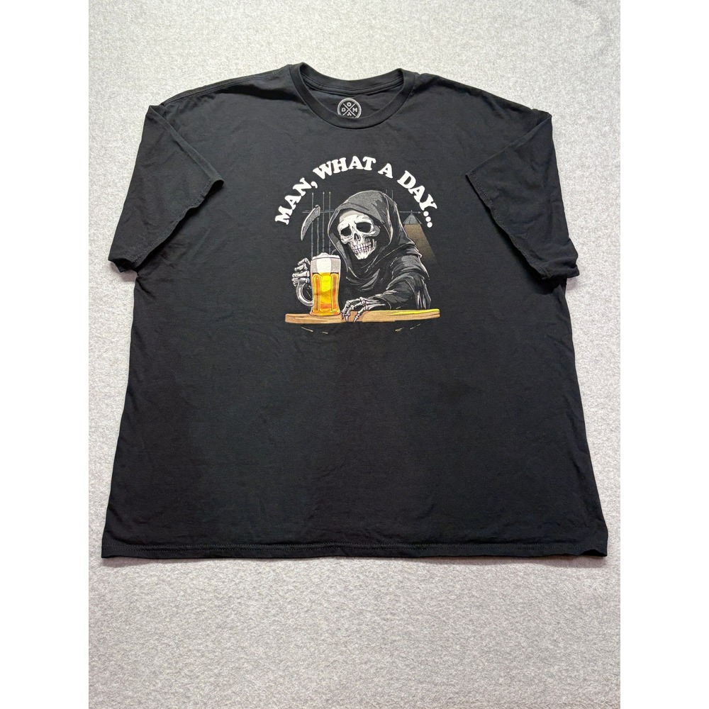 DOM Man What A Day Grim Reaper Beer Skeleton Graphic T-Shirt Black Mens 2XL